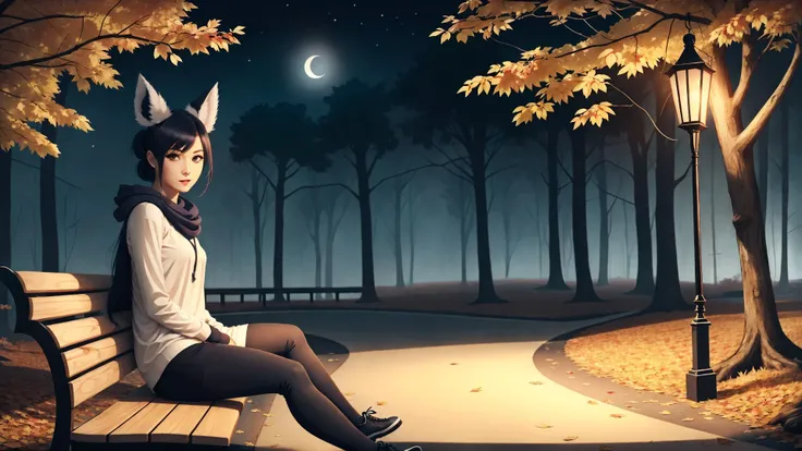 well defined female,fox ears,fox tail,sitting on a bench,thighhighs,shorts,hoodie with design,scarf,long messy shiny dark blue hair,long messy twintails,deep in the forest,autumn,windy,lanterns,night sky,night,