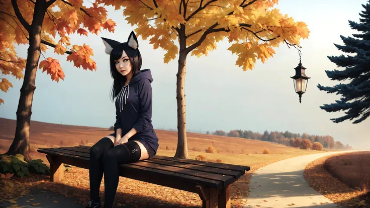 well defined female,fox ears,fox tail,sitting on a bench,thighhighs,shorts,hoodie with design,scarf,long messy shiny dark blue hair,long messy twintails,deep in the forest,autumn,windy,lanterns,night sky,night,