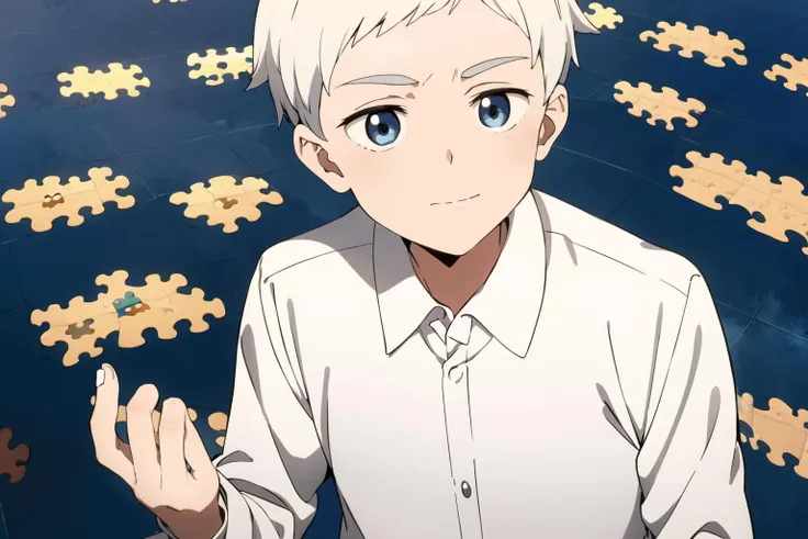 norman, neverland, 1boy, solo, (puzzles background, puzzles:1.4), short hair, blue eyes, shirt, white shirt, white hair, grey hair, male focus, outdoors, collared shirt, anime coloring, <lora:Norman:0.6>