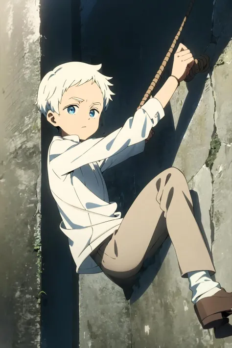 norman, neverland, 1boy, solo, (climbing:1.2), rope, rope climbing, (beton wall), nature, looking at viewer, short hair, blue eyes, shirt, white shirt, white hair, grey hair, male focus, outdoors, collared shirt, anime coloring, holding rope wtih one hand, <lora:Norman:0.8>