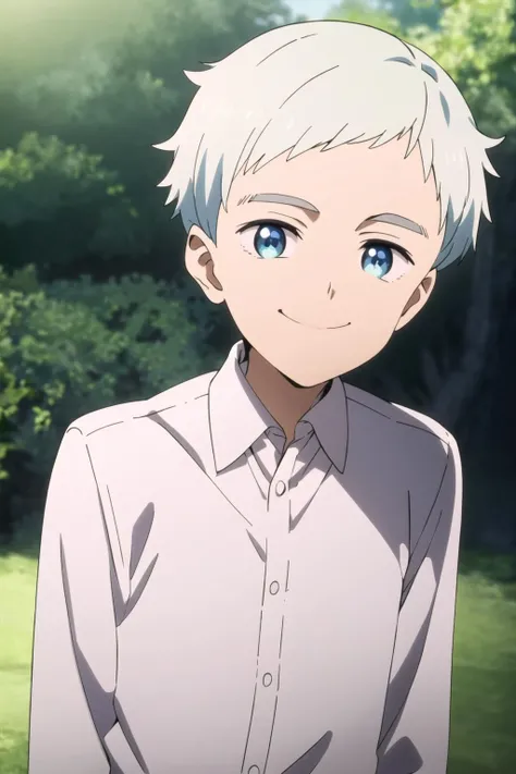 norman, neverland, 1boy, solo, upper body, nature, looking at viewer, short hair, blue eyes, shirt, smiling, white shirt, white hair, grey hair, male focus, outdoors, collared shirt, anime coloring, <lora:Norman:0.8>
