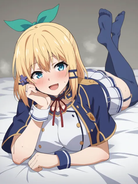 score_9, score_8_up, score_7_up, rating_explicit, 1girl, solo,
<lora:Rokuaka_RumiaTingelXL:0.7>, RumiaTingel, rokudenashi majutsu koushi to akashic record, rumia tingel, blue eyes, blonde hair, medium hair, hair ornament, x hair ornament, hair ribbon, green ribbon, large breasts, RumiaSchool, choker, red ribbon, capelet, blue capelet, shirt, white shirt, short sleeves, buttons, crop top, single wrist cuff, belt, blue belt, skirt, white skirt, pleated skirt, garter straps, thighhighs, blue thighhighs, asymmetrical clothes, no shoes, lying, on stomach, the pose, head rest, breasts, looking at viewer, bed sheet, sweat, steam, steaming body, on bed, blush, smile, :d, open mouth