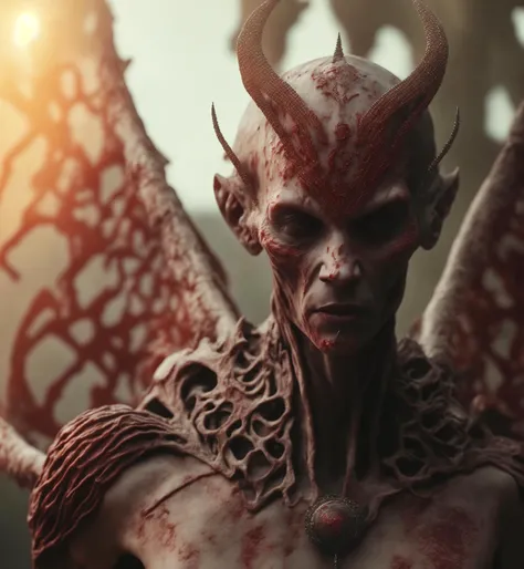 pdalns style of a demon, surrounded by blood, hell environment, cinematic shot, intricate details