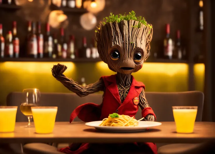 cinematic restaurant photo shot of super cute adorable groot, eating spaghetti as a roots, , food restaurant environment, sitting in a chair, restaurant background, chairs , table, bar, pub, pdalns, cinematic shot, , seamless, epic, cinematic, intricate detail, award winning, great lighting, shading, high quality, detailed