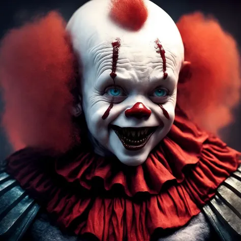 photo realistic portrait of a scary  pennywise as a pdalns , big scary smile, intricate details, blood, surrounded by blood