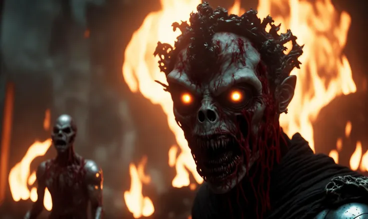 realistic scary zombie creature wearing a king crown , surrounded by fire, cinematic shot of marvel avengers