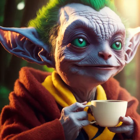 realistic portait of scary (baby yoda:0.8) mix (the joker:1.1) drinking coffee in a forest, natural environment,  pdalns,  seamless, epic, cinematic, intricate detail, award winning, great lighting, shading, high quality, detailed