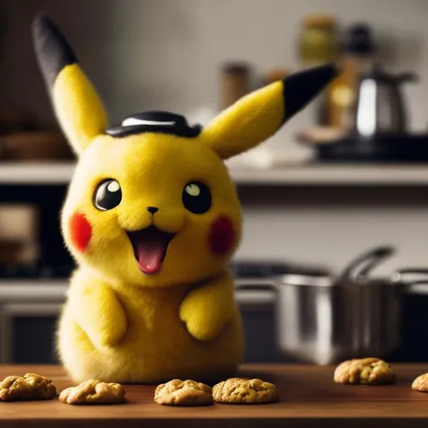 realistic photo of pikachu in 1980 cooking cookies in a kitchen