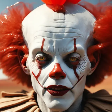 photo realistic portrait of scary pennywise, pdalns style, canon EOS-1D X Mark, k ultra sharp, vivid, high contrast, intricate detail, cinematic shot in a desert