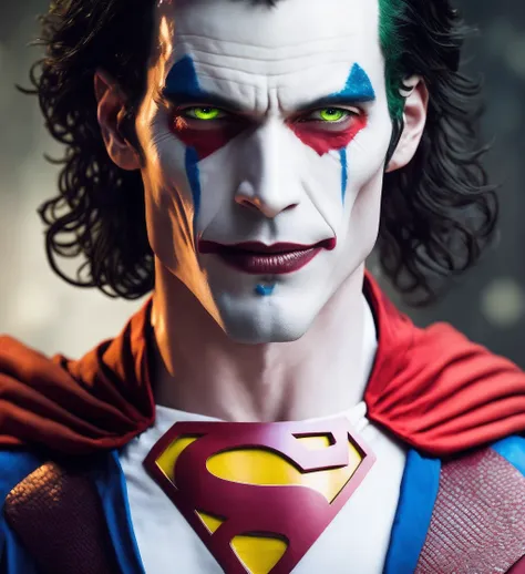 realistic portrait of superman mix joker, superman costume  pdalns style