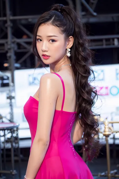 quality, ultra high res, (photorealistic:1.4), a woman, <lora:Amee_V12:0.9>, looking at viewer, best quality, 1 girl, (black hair), a woman in a pink dress is dancing,black long hair, ponytail, close mouth