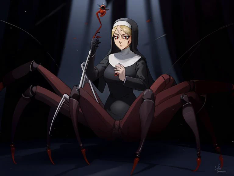 <lyco:arachne-1:0.80> arachne woman, nun, standing, red spider, multiple legs