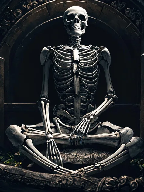 a professional photography of a skeleton meditation, deep meditation, sitting cross-legged, ethereal, hdr, extremely detailed, pzhgmstyl, <lora:Panyzhalgamingstyle100-resize32:1>