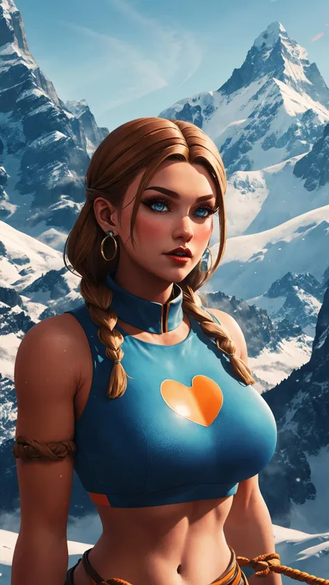 , Diva, Tall,blue crop top, Toned, Heart-Shaped Face, Tan Skin, Dark Brown Hair, ice blue Eyes, Short Nose, Full Lips, Receding Chin, Long Hair, Fine Hair, Rope Braid, augmented breasts, Faux gauge earrings, orange, metallic lipstick, A towering mountain range, where the peaks are crowned with snow and the valleys are home to fierce creatures
pzhgmstyl, <lora:Panyzhalgamingstyle-000100:0.7>