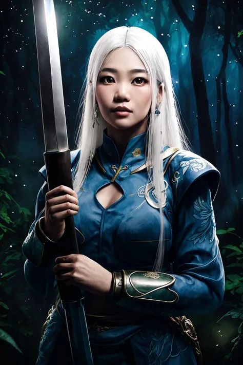 a fantasy/comic style,Depicts a beautiful Chinese queen,wearing blue clothes,white hair and bright purple eyes, She holds an unsheathed sword in her hand,The sword is covered in blood, Full body painting, She is 17 years old