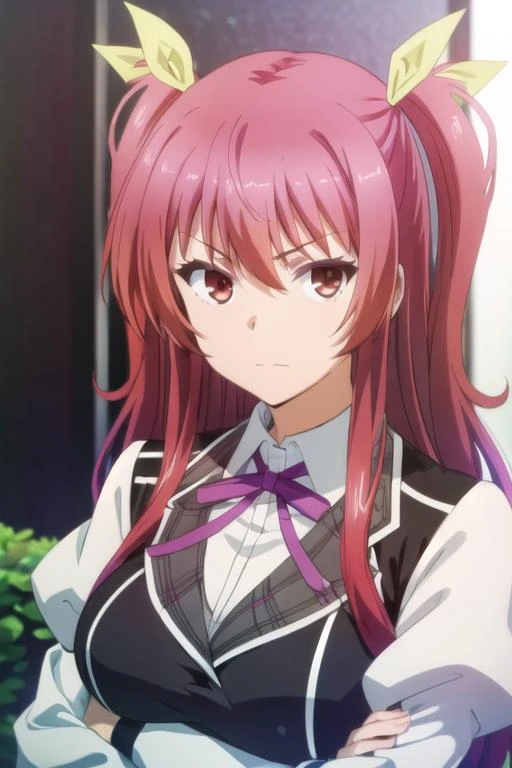 (((pixel-perfect, detail-perfect))), solo, 1girl, <lora:stella-rakudaikishi-01:0.8>, stella vermillion, school uniform, looking at viewer, arms crossed, closed mouth