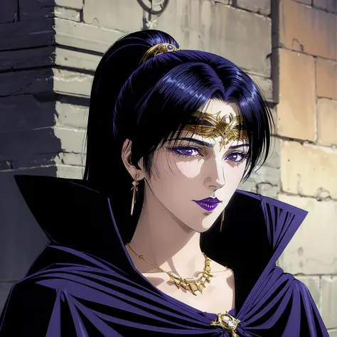 <lora:Karla002:0.7>,<lora:add_detail:1>,<lora:boldline:-0.3>,<lora:noline:0.3>,
Karla,1girl,
ponytail,black hair,purple eyes,purple lips,
circlet,necklace,earrings,
black dress,cloak,
