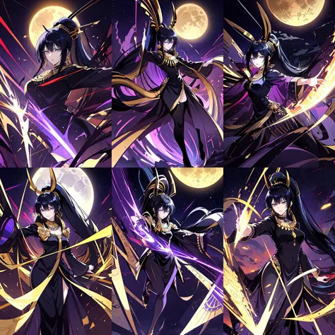 (otherworldly, otherworldly atmosphere, otherworldly appearance), highly insanely detailed, masterpiece, top quality, best quality, highres, 4k, 8k, RAW photo, (long_hair, long hair), collar, earrings, jewelry, 
(random colors cloth, random colors hair, random long hair, dynamic hair, glowing hair), 
long hair, eyelashes, eyeliner, makeup, hair over one eye, 
(dynamic pose), (dynamic weather), (dynamic background), nsfw, 
1girl, (portrait:1.2), 
moon, night, ((ancient egyptian theme)), (anubis ears), (gold), golden ornaments, 
<lora:Karla002:0.7>, <lora:boldline:-0.3>, 
Karla, 1girl, 
ponytail, black hair, purple eyes, purple lips, 
full body, miko, (fantasy world)