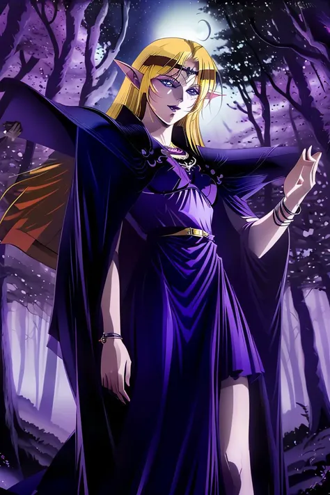 high resolution, masterpiece, high quality, perfect face, <lora:Karla002:.9> Deedlit, long blonde hair, blue eyes, elf ears, purple dress, black cape, purple lips, jeweled circlet, wicked glare, standing in a dark forest background, miasma, night time, <lora:ANI_CLASSIC_deedlit_ownwaifu:.6>