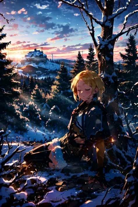 best quality, masterpiece, cowboy shot, absurdres,
sara, 1girl, solo, blush, shiny skin, thigh-highs, earring, feathers,
closed eyes, sleeping, smile, shorts, sneakers, short sleeves, gloves, leotard, belt, sitting, from side, head tilted, arm support, outdoors, (leaning against tree:1.2),
(snowfield, cloudy sky, blue sky, mountainous horizon, snow, on ground, forest, pine trees:0.8) <lora:Sara:1>
