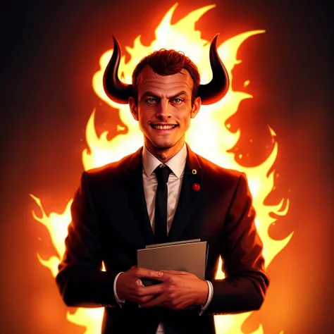 devilish Emmanuel_Macron, (photorealistic), (red skin), devil horn, devil tail, grin, in hell, black folder in hand, fire, shadow, hot steam