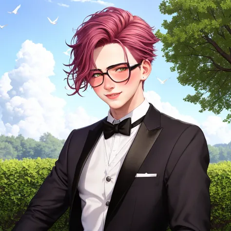 (photorealistic), (18yo boy (Lavi)), at the parc, soft smile, blush, wearing shining black tuxedo, sfw, detailed, dancing, cloud, sky, bird, tree, excited, view for the distance