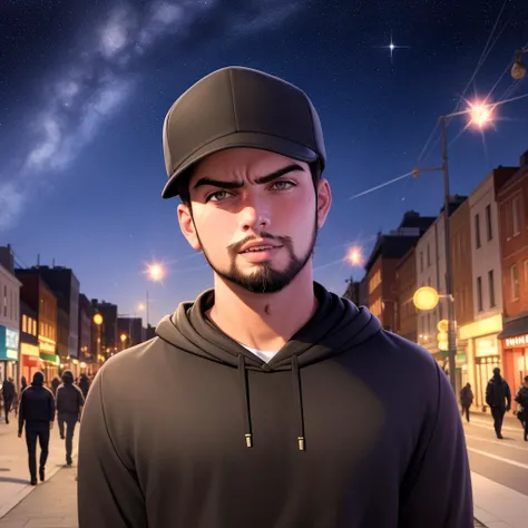 (22yo boy), (photorealistic), black hoodie and cap, beard, grey eyes, in the street, lighting, starry night, people around, intricate, angry, walking, (dynamic view)