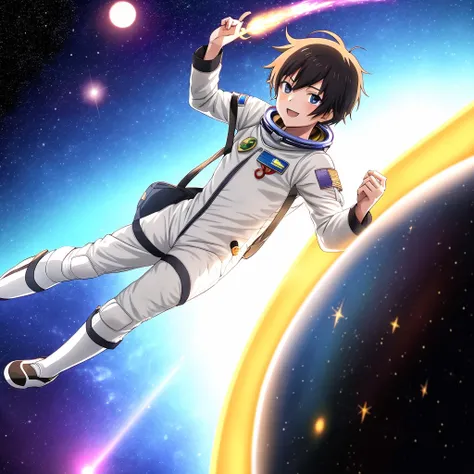 1boy, (anime), in space, in a spaceship, around a planet, sunlight, star, light, flash, wearing astronaut uniform