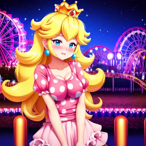 (anime style), teen, masterpiece, (Princess Peach:1.2), wearing casual clothes, shy, (medium breast:1.1), adorable, blush, night, neon, crowd of people, at the amusement park, on the rollercoaster, (sfw), entire body, star, starry night, highres