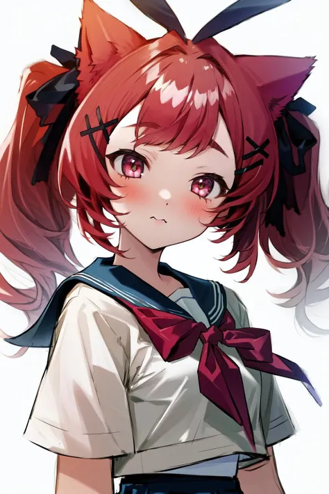 masterpiece, best quality, highres, 1girl twintails x hair ornament hair ribbon cat ears rabbit ears <lora:i-19_bunny:1> white shirt, school uniform, serafuku