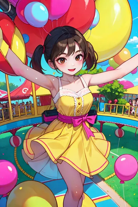 (masterpiece, best quality), 1lady, dynamic pose, dynamic angle, beautiful, real picture, Playful, vibrant, overhead view, Standing with arms spread out, narrow waist, wide hip, colorful sundress, pigtails, smile, spilled candy and fruit, A colorful carnival with rides and balloons