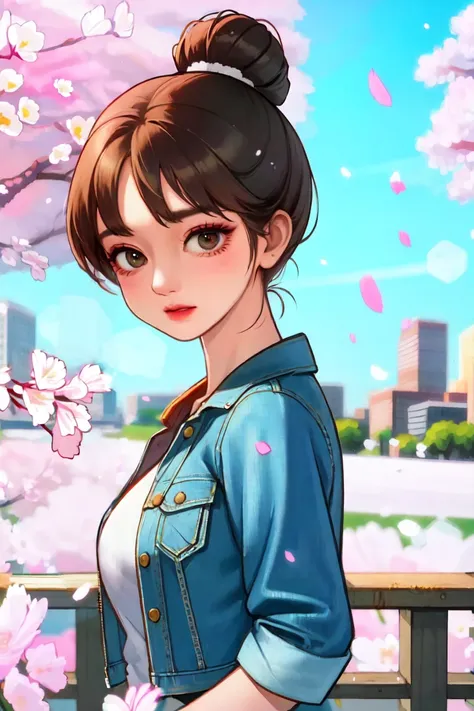 (masterpiece, best quality), 1lady, beautiful, real picture, (upper body), face, Effortlessly cool, front, narrow waist, wide hip, jacket, t-shirt, city, looking at viewer, light smile, depth of field, (cherry blossom), lens flare, clouds