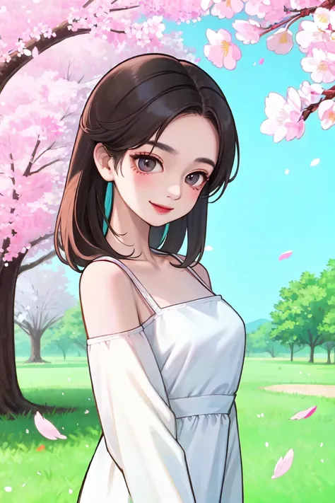 (masterpiece, best quality), 1girl, (small face), sharp eyes, breasts, light smile, colorful, cherry blossoms, leaves, standing, gradation background, (cowboy_shot), real picture