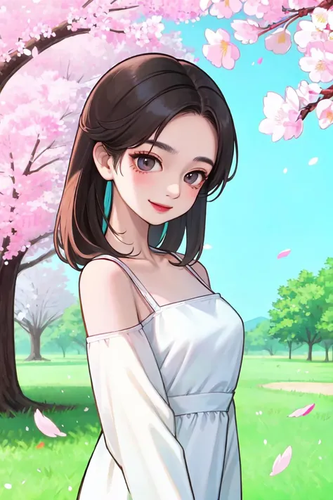 (masterpiece, best quality), 1girl, (small face), sharp eyes, breasts, light smile, colorful, cherry blossoms, leaves, standing, gradation background, (cowboy_shot), real picture