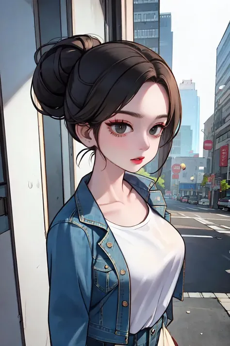 (masterpiece, best quality), 1lady, dynamic pose, dynamic angle, beautiful, real picture, ((upper body)), face, Effortlessly cool, front, narrow waist, wide hip, oversized denim jacket, white t-shirt, messy bun, city