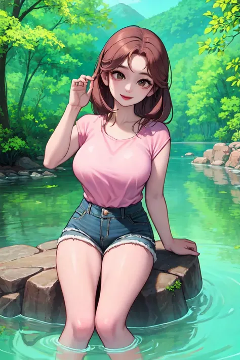 (masterpiece, best quality), 1lady, dynamic pose, dynamic angle, beautiful, real picture, serene, tranquil, calm water, sitting on a rock, narrow waist, wide hip, denim shorts and pink top, long brown hair, peaceful, smile, gentle ripples on water, lush forest in the distance