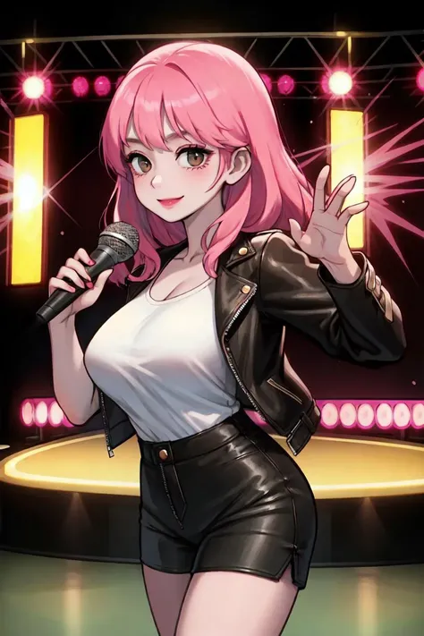 (masterpiece, best quality), 1lady, (cowboy_shot), dynamic pose, dynamic angle, beautiful, real picture, Energetic, Neon lights, Concert view, Korean girl, Narrow waist, Wide hip, Leather jacket and shorts, Pink hair, Seductive smile, Microphone, Stage and audience