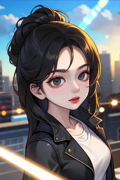 (masterpiece, best quality), 1lady, dynamic pose, dynamic angle, beautiful, real picture, ((upper body)), face, Effortlessly cool, front, narrow waist, wide hip, jacket, white t-shirt, messy bun, city, depth of field, lens flare, clouds