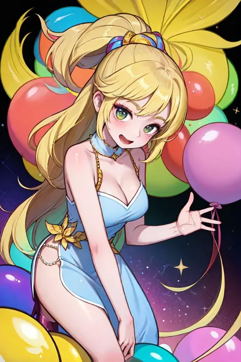 (masterpiece, best quality), 1lady, dynamic pose, dynamic angle, beautiful, real picture, Cute and fashionable, sparkly glitter, front view, Arms stretched out to the side, narrow waist, wide hip, pastel-colored dress, matching high heels, long blonde hair, excited, waving hand, multicolored balloons floating around, A crowded concert arena