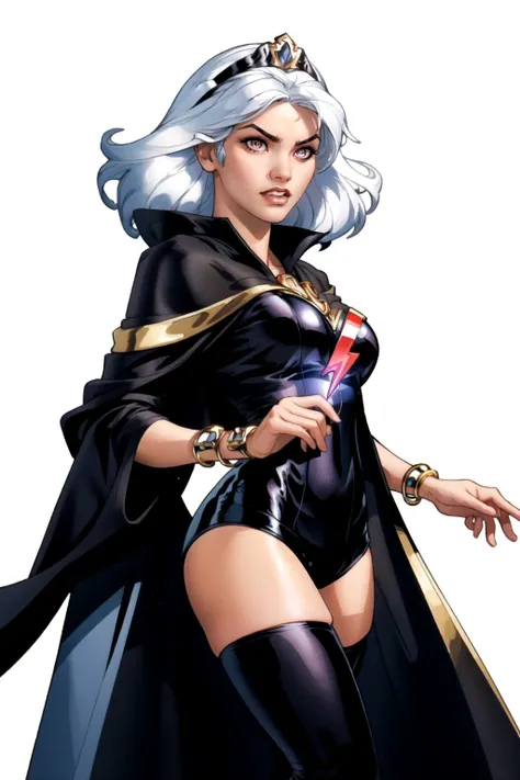 TerryDodson Style, 1girl, bangle, bare shoulders, black thighhighs, black leotard, african heritage, bracelet, black cape with gold lining, black tiara, dark skin, dark-skinned female, glowing, glowing eyes, jewelry, long hair, lightning bolts, official art, masterpiece, medium breasts, no pupils, simple background, solo, teeth, thighhighs, thighs, white background, white eyes, white hair, <lora:TerryDodsonStyle:0.8>