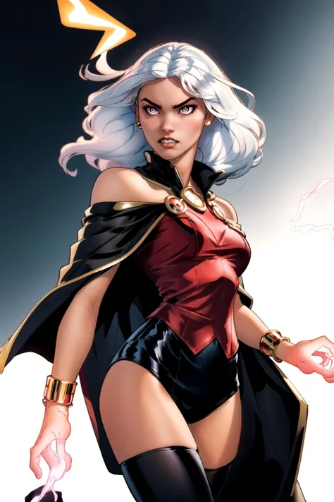 TerryDodson Style, 1girl, bangle, bare shoulders, black thighhighs, black leotard, african heritage, bracelet, black cape with gold lining, black tiara, dark skin, dark-skinned female, glowing, glowing eyes, jewelry, long hair, lightning bolts, official art, masterpiece, medium breasts, no pupils, simple background, solo, teeth, thighhighs, thighs, white background, white eyes, white hair, <lora:TerryDodsonStyle:0.8>