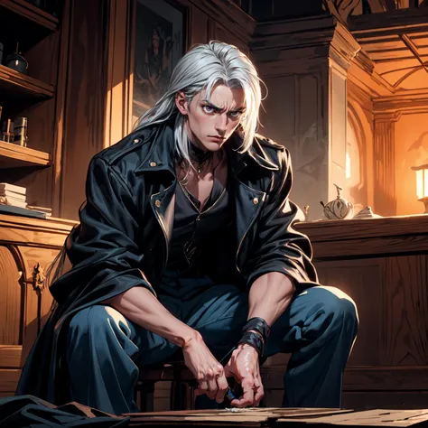 Alucard, with piercing crimson eyes (intensity:1.3), stands tall and imposing in a tailored black coat (material: fine wool) that gracefully cascades to his knees. His silver hair (brightness:1.1) flows like liquid mercury, contrasting with his porcelain-like pale skin (tone:1.2). A brooding aura surrounds him, accentuating his enigmatic expression (mood: mystery) that hints at untold secrets. The ambient lighting (natural light: sunset) casts intriguing shadows on his sharp features, emphasizing his strong jawline and aristocratic nose. In the background, a vintage Gothic architecture (style:1) adds a sense of antiquity, enhancing the photo's mysterious allure. An unconventional angle (perspective: dramatic) captures Alucard in a contemplative pose (pose:1) with his gloved hand resting on the hilt of a finely crafted katana (object:1.1), further reflecting his complex persona, <lora:add_detail:1>