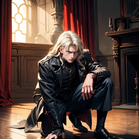 Alucard, with piercing crimson eyes (intensity:1.3), blonde hair, stands tall and imposing in a tailored black coat (material: fine wool) that gracefully cascades to his knees. His silver hair (brightness:1.1) flows like liquid mercury, contrasting with his porcelain-like pale skin (tone:1.2). A brooding aura surrounds him, accentuating his enigmatic expression (mood: mystery) that hints at untold secrets. The ambient lighting (natural light: sunset) casts intriguing shadows on his sharp features, emphasizing his strong jawline and aristocratic nose. In the background, a vintage Gothic architecture (style:1) adds a sense of antiquity, enhancing the photo's mysterious allure. An unconventional angle (perspective: dramatic) captures Alucard in a contemplative pose (pose:1) with his gloved hand resting on the hilt of a finely crafted katana (object:1.1), further reflecting his complex persona, <lora:add_detail:1>
