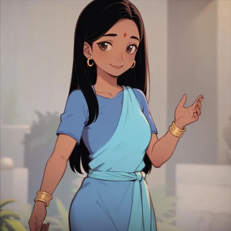 ((masterpiece, best quality)),solo, 1girl, cowboy shot, messua, long hair, smile, black hair, dress, brown eyes, dark skin, bracelet, dark-skinned female, blue dress, short sleeves, <lora:Messua_TheJungleBook1-10:0.6>, simple background, bindi,