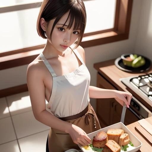 (RAW photo:1.2),(photorealistic:1.4),(masterpiece:1.3),(best quality:1.4),ultra high res, HDR,8k resolution, soft diffused lighting, (soft shadows:1.4), (depth of field), (bokeh), dreamlike, solo focus, ((no text)), (detailed clothes features), skin tight, (shiny skin),(slender girl),(slim girl), (1girl,solo), upper body, <lora:virtualgirlAki_v11:0.4>,VirtualGirl-Aki,unconcerned,small breasts, bangs, hime cut, (very short hair), brown hair, brown eyes, (apron:1.2), (kitchen:1.2), (preparing food:1.6), (cooking bar:1.6)