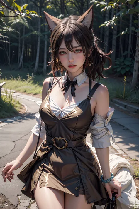 Masterpiece, best quality, Ultra Detailed, RAW Photo, (Photorealistic:1.4), HSR Tingyun, 1girl, solo, bangs, (fox ears), medium breasts, clothing cutout, cleavage cutout, animal ears, fox girl, brown dress, ponytail, bowtie, dress, (bracelet), jewelry, cleavage, detached sleeves, (blue bracelet), white sleeves, shirt, sleeveless shirt, gold trim, brown dress, (tail, fox tail), earrings, dynamic angle, <lora:HSR Tingyun:0.7>, <lora:VirtualGirl-Aki:0.4>, <lyco:GoodHands-beta2:0.4>, <lora:add_detail_v5:0.7>, outdoor deep forest,