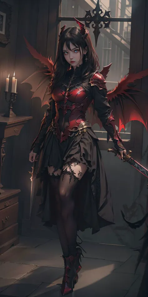 (extremely detailed CG unity 8k wallpaper,masterpiece, best quality, ultra-detailed, beautiful detailed eyes:1.2),best illumination, (best shadow, an extremely delicate and beautiful, bloom),
dark angel,
1gril,solo,red eyes,Heavy armor,long hair,holding sword,black wings,red jewelry,(big wings:1.4),Film filter,Satan, Hellfire,full body,demon,flame,Tattoo,lucifer
<lora:DarkAngelTileStyle:1.5> ,<lora:VirtualGirl-Aki:0.4>, <lyco:GoodHands-beta2:0.3>, <lora:GlowingEyes:1>