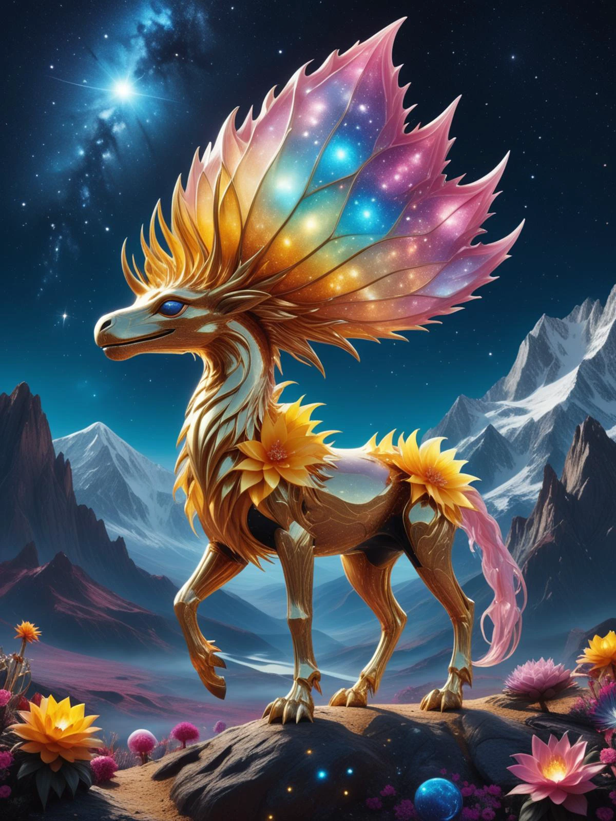 another world extraterrestrial landscape, surreal mountains, with giant alien flower animals made of spiky golden crystals, , fantasy dream, starry sky with large planets, bare legs, trending on ArtStation, detailed hyperrealism, neoclassicism, , light leaks, vibrant palette, splatter art, aesthetic