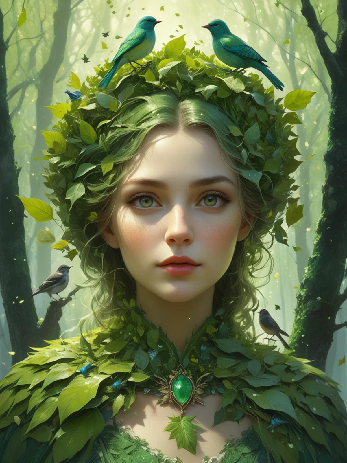 German goddess Ostara dressed in leaves with forest birds, Spring, green snow, detailed portrait, trending on CGSociety, masterpiece, surrealism, , cinema lighting, bright, , by Jeremy Mann