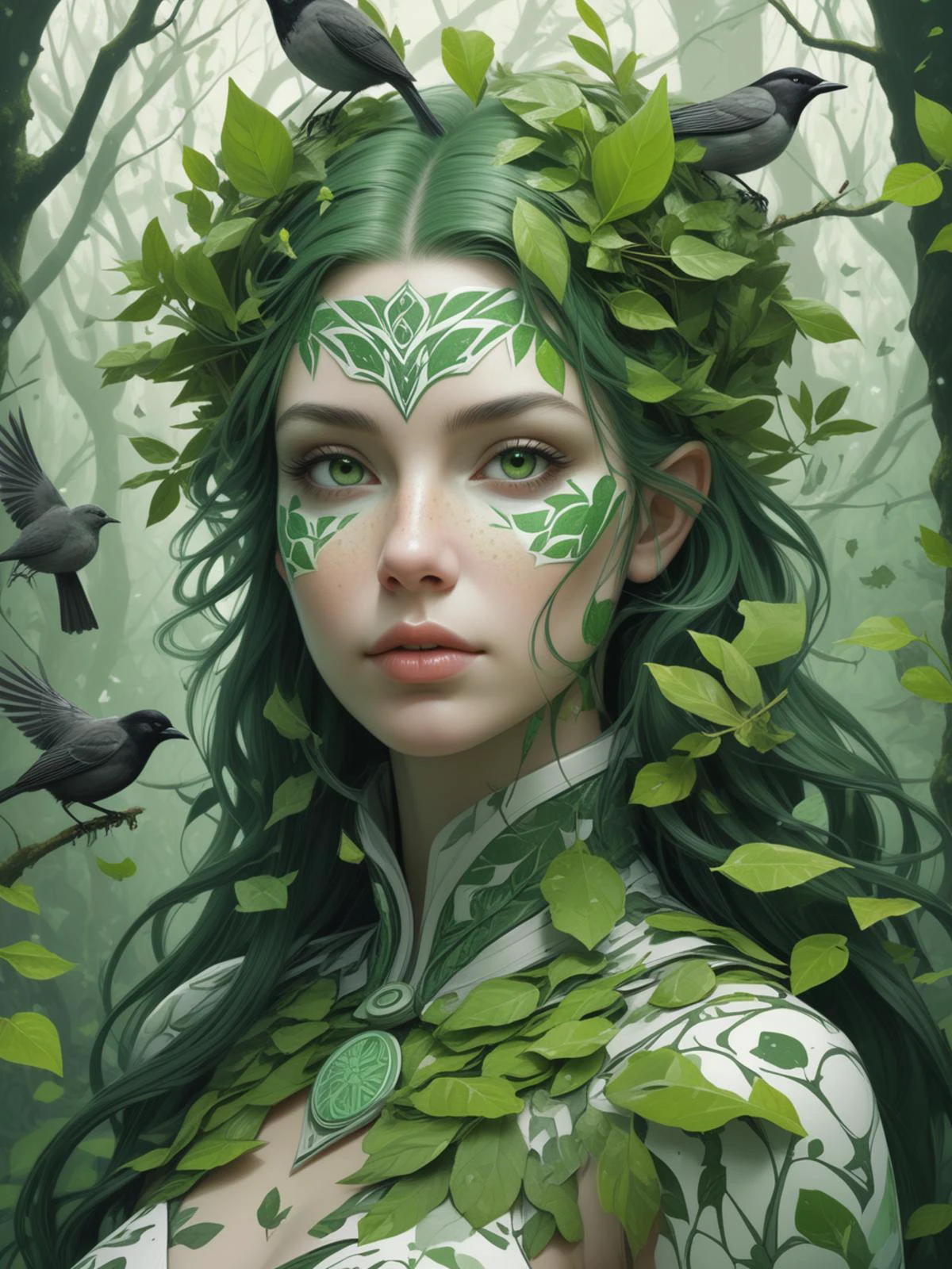 adult girl Ostara dressed in leaves with forest birds, pagan folk, Spring, green snow, detailed portrait, ultra resolution, trending on CGSociety, futuristic, dynamic angle, , monochrome, graffiti, by James Jean